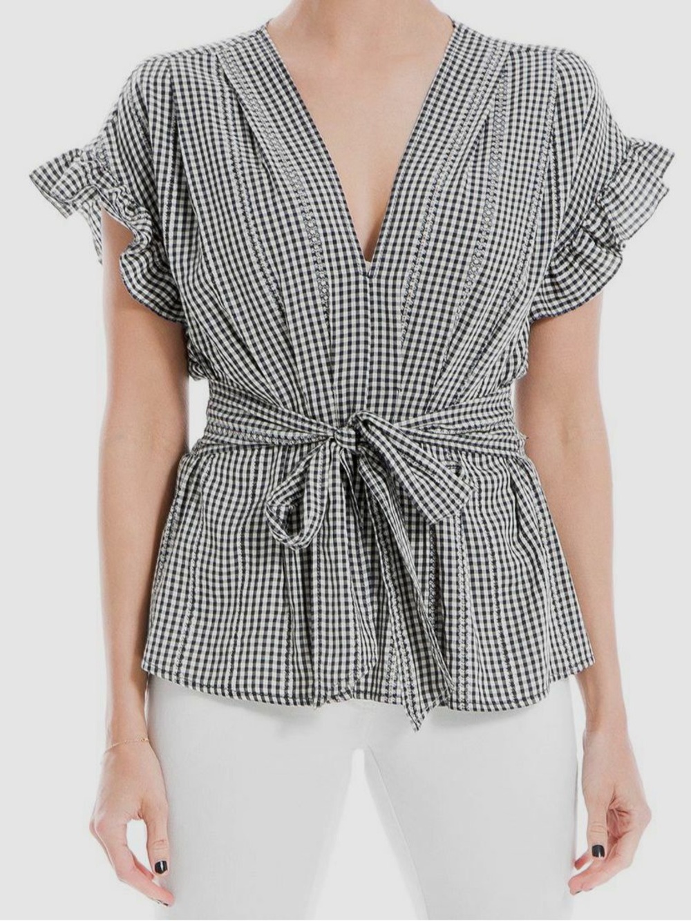 Max Studio Black White Gingham V-Neck Ruffle Sleeve Blouse